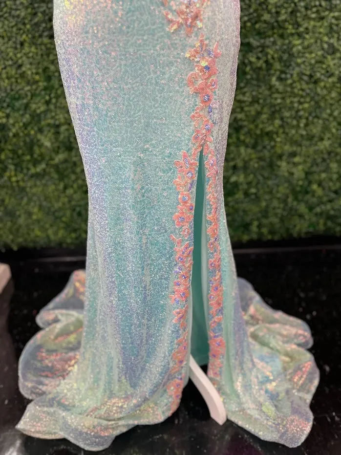 Johnathan Kayne 2266 Size 4 Iridescent Blue Sequin Custom Pageant Dress Prom Gown