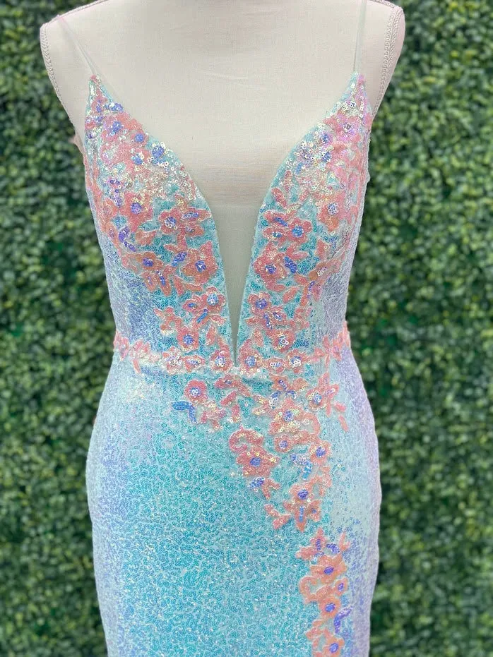 Johnathan Kayne 2266 Size 4 Iridescent Blue Sequin Custom Pageant Dress Prom Gown