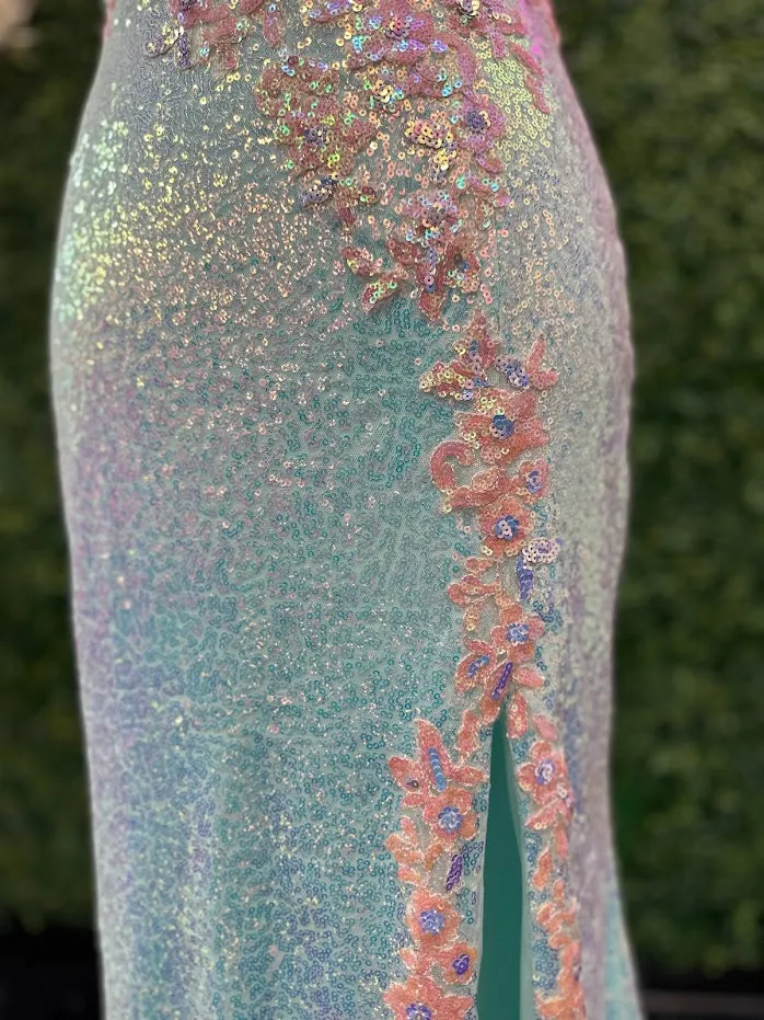 Johnathan Kayne 2266 Size 4 Iridescent Blue Sequin Custom Pageant Dress Prom Gown