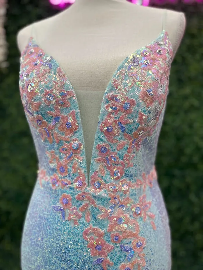 Johnathan Kayne 2266 Size 4 Iridescent Blue Sequin Custom Pageant Dress Prom Gown