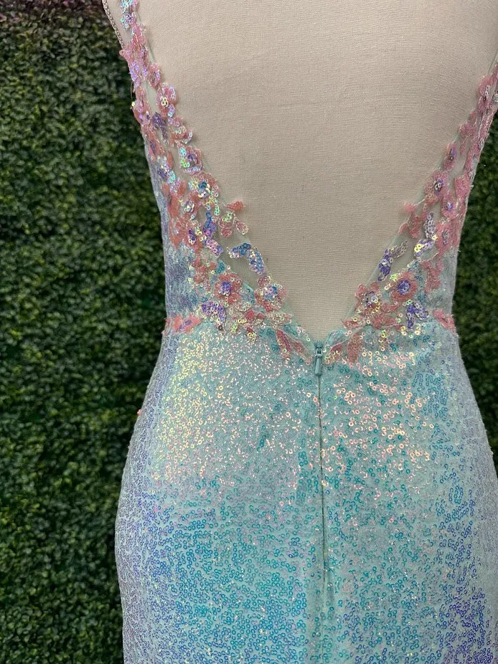 Johnathan Kayne 2266 Size 4 Iridescent Blue Sequin Custom Pageant Dress Prom Gown