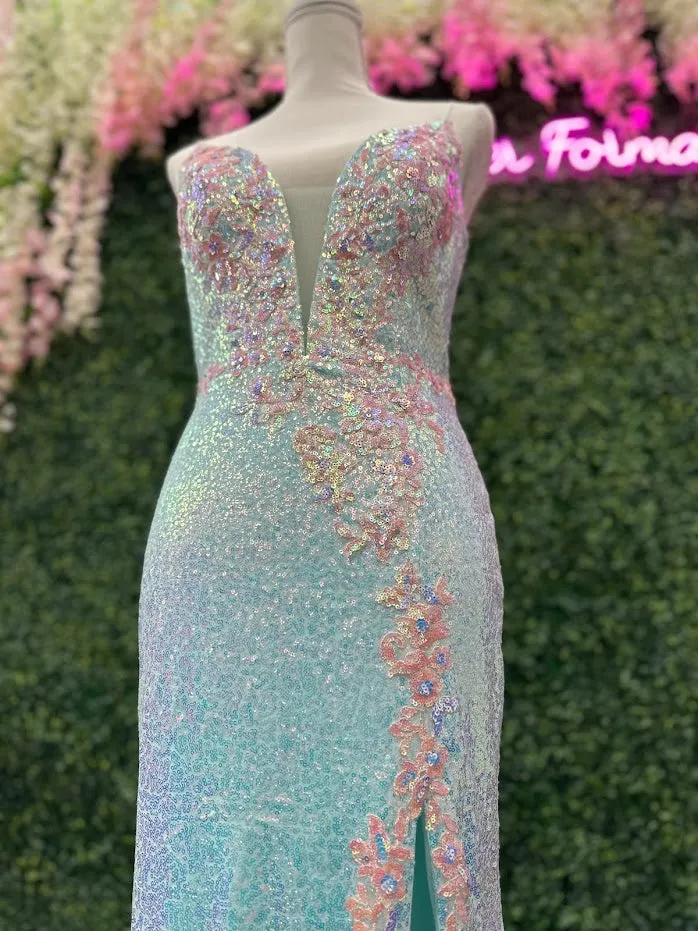 Johnathan Kayne 2266 Size 4 Iridescent Blue Sequin Custom Pageant Dress Prom Gown