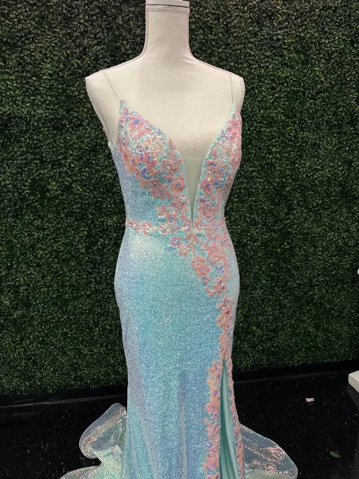 Johnathan Kayne 2266 Size 4 Iridescent Blue Sequin Custom Pageant Dress Prom Gown