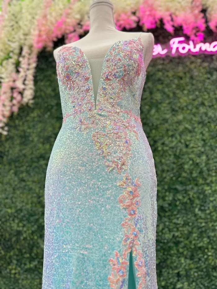 Johnathan Kayne 2266 Size 4 Iridescent Blue Sequin Custom Pageant Dress Prom Gown