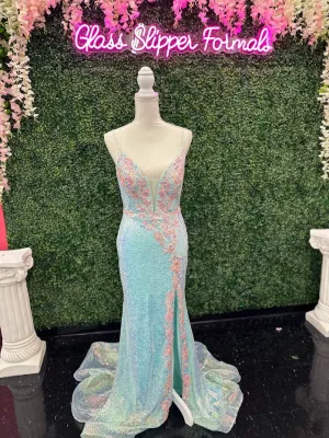 Johnathan Kayne 2266 Size 4 Iridescent Blue Sequin Custom Pageant Dress Prom Gown