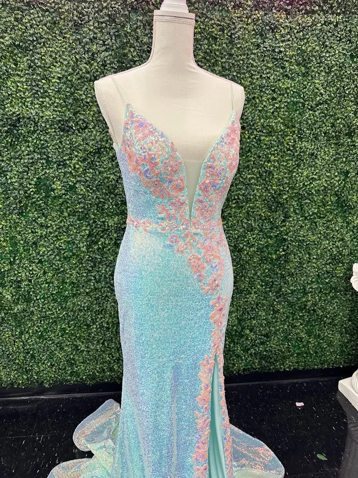 Johnathan Kayne 2266 Size 4 Iridescent Blue Sequin Custom Pageant Dress Prom Gown