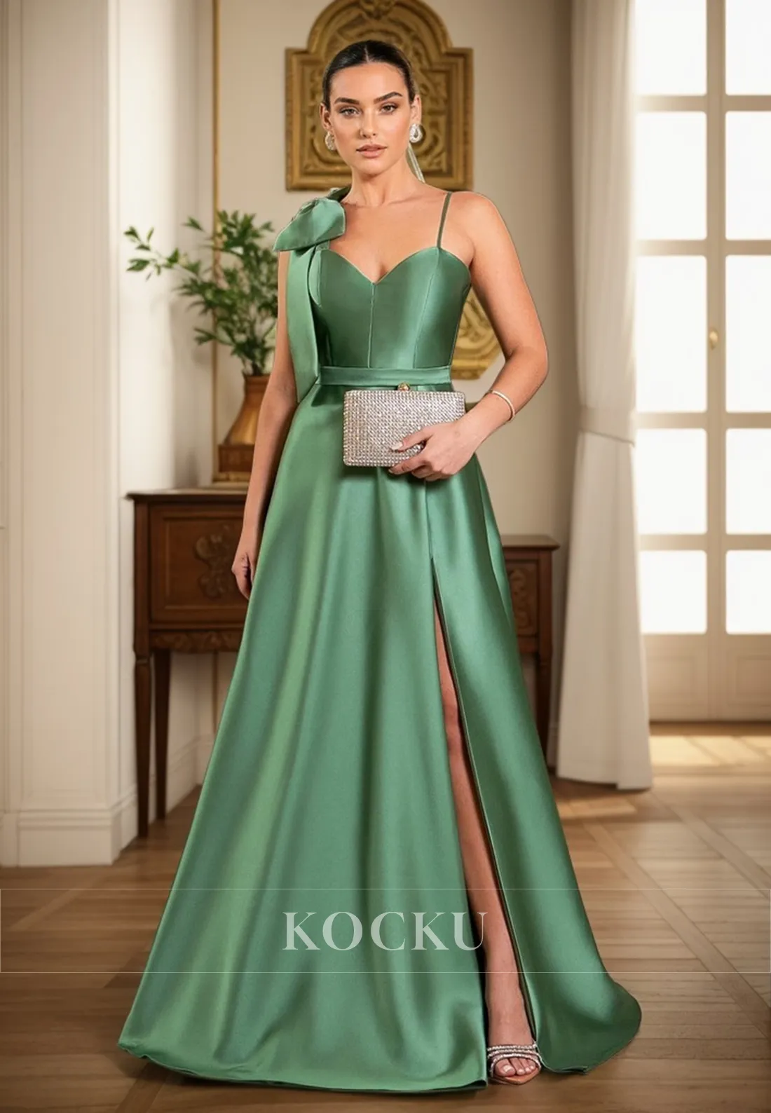 L3102 - Classic & Timeless Straps A-Line Sweetheart Satin Split Evening Party Prom Dress