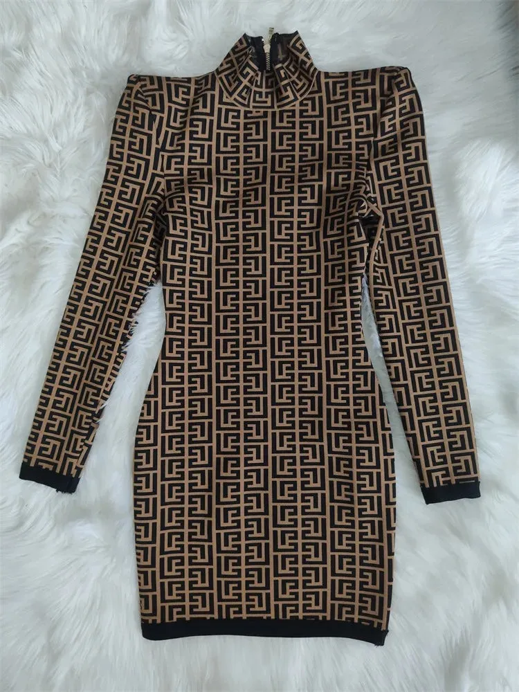 Ladies Fashion Chic Geometric Jacquard Long Sleeve Bandage Dress cocktail Christmas party dress mini dress