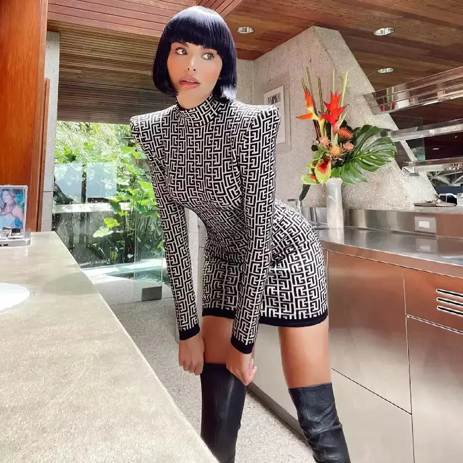 Ladies Fashion Chic Geometric Jacquard Long Sleeve Bandage Dress cocktail Christmas party dress mini dress