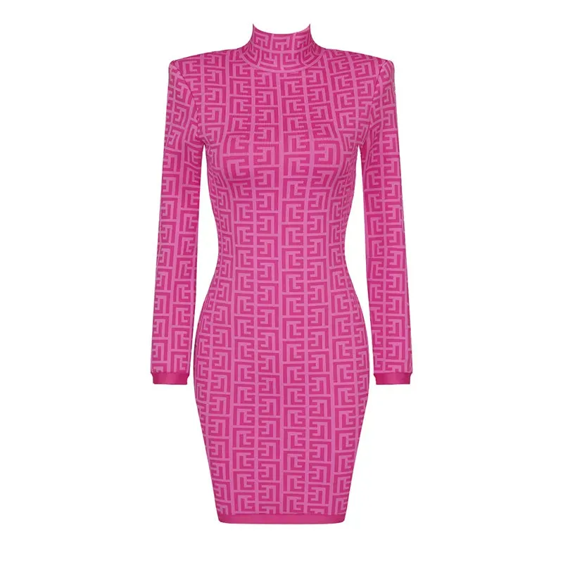 Ladies Fashion Chic Geometric Jacquard Long Sleeve Bandage Dress cocktail Christmas party dress mini dress
