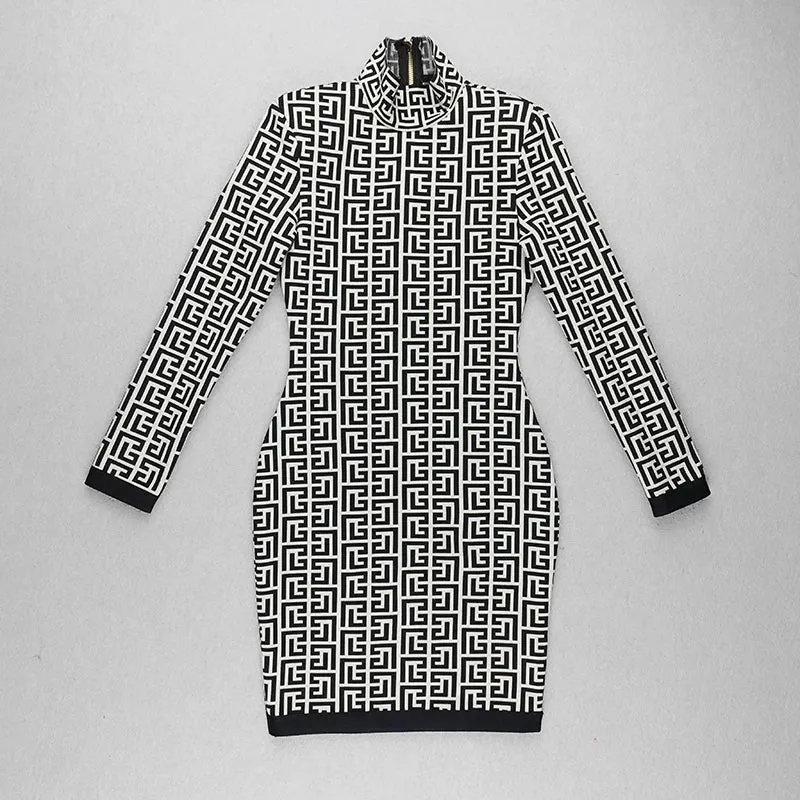 Ladies Fashion Chic Geometric Jacquard Long Sleeve Bandage Dress cocktail Christmas party dress mini dress