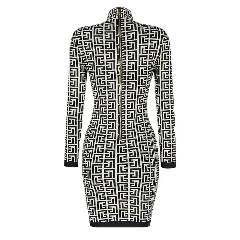 Ladies Fashion Chic Geometric Jacquard Long Sleeve Bandage Dress cocktail Christmas party dress mini dress