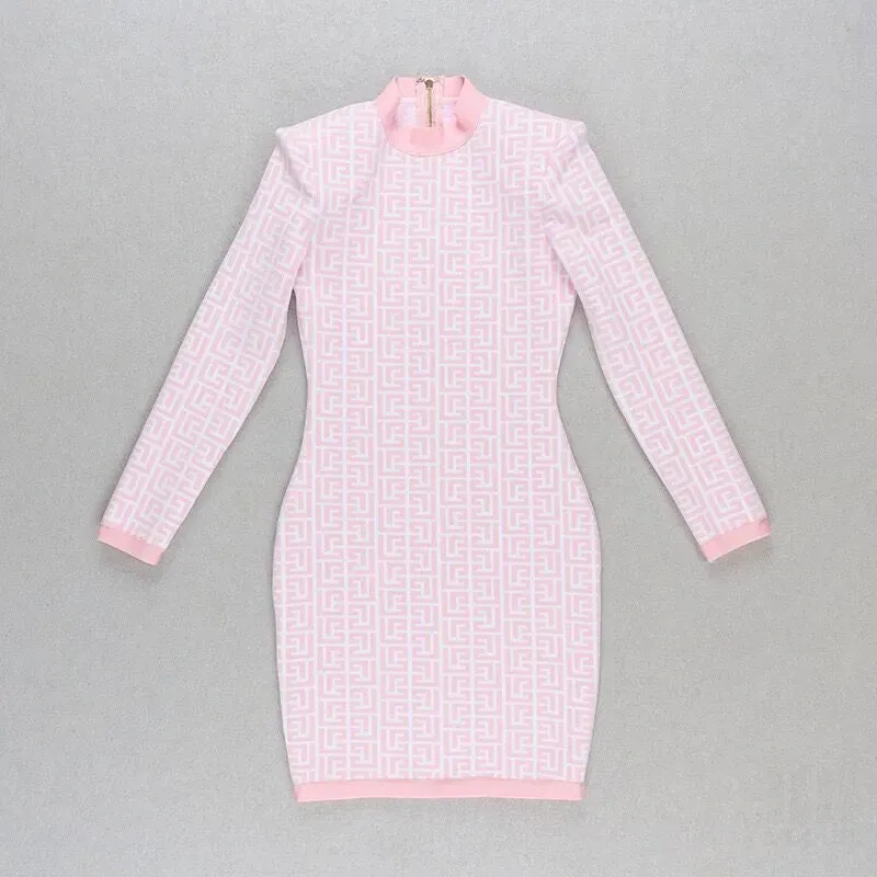 Ladies Fashion Chic Geometric Jacquard Long Sleeve Bandage Dress cocktail Christmas party dress mini dress