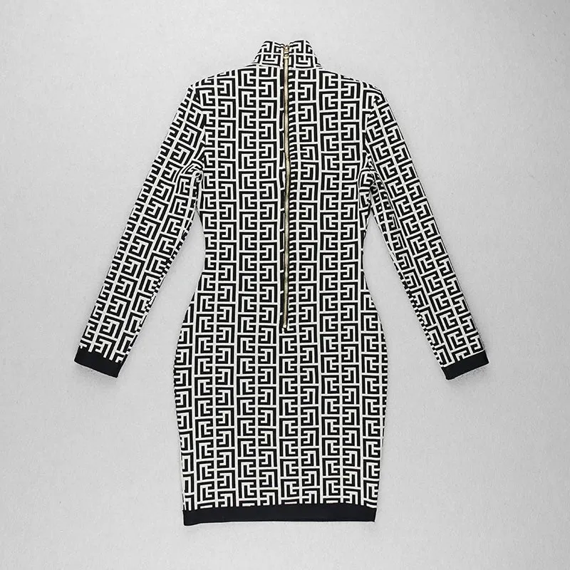 Ladies Fashion Chic Geometric Jacquard Long Sleeve Bandage Dress cocktail Christmas party dress mini dress