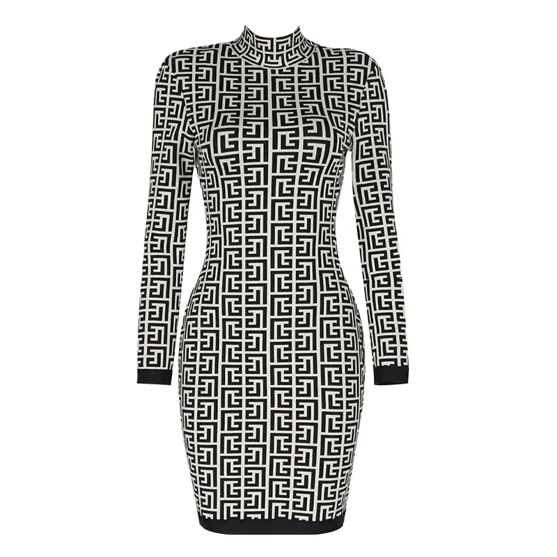 Ladies Fashion Chic Geometric Jacquard Long Sleeve Bandage Dress cocktail Christmas party dress mini dress