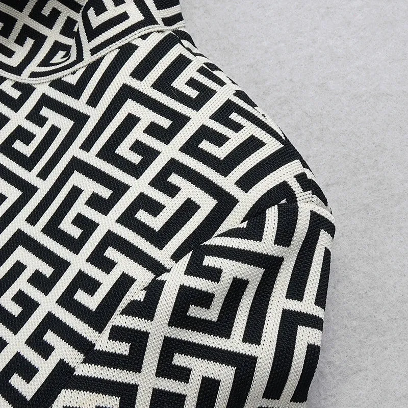 Ladies Fashion Chic Geometric Jacquard Long Sleeve Bandage Dress cocktail Christmas party dress mini dress