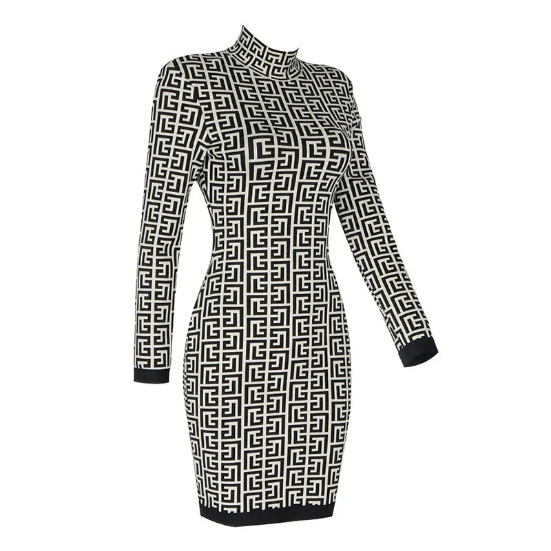 Ladies Fashion Chic Geometric Jacquard Long Sleeve Bandage Dress cocktail Christmas party dress mini dress