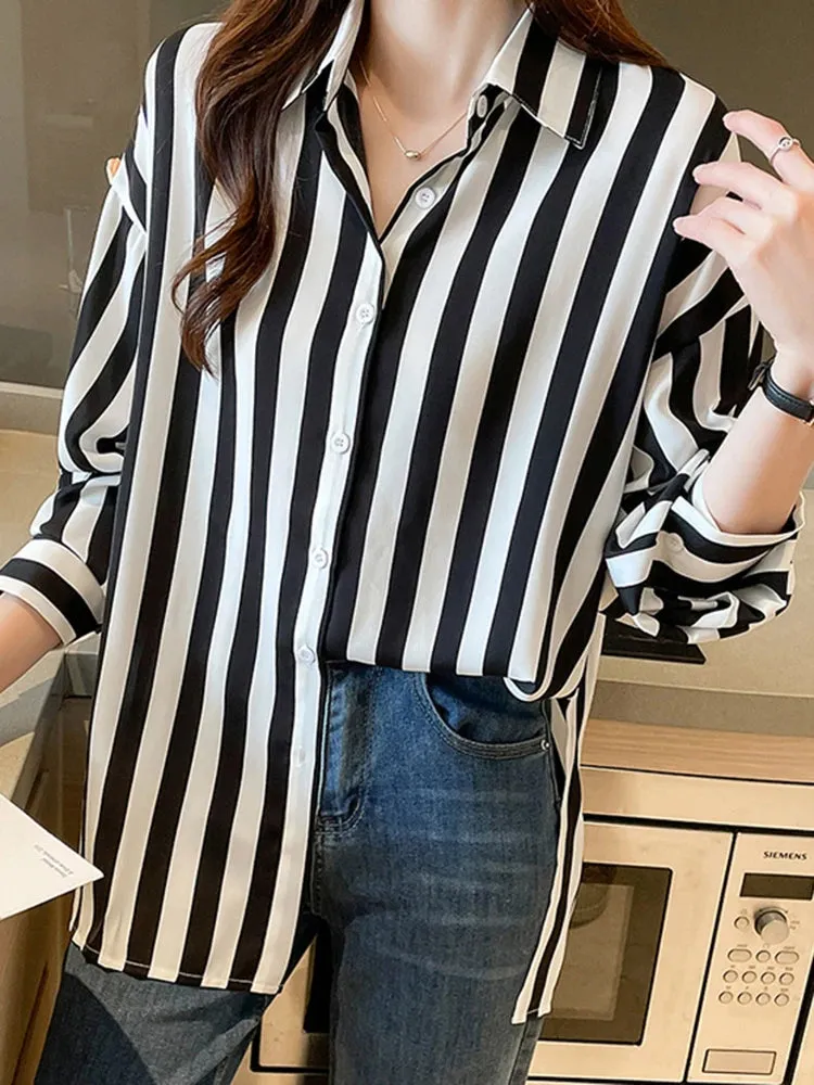 Long Sleeve Retro Black White Striped Office Blouse Shirt