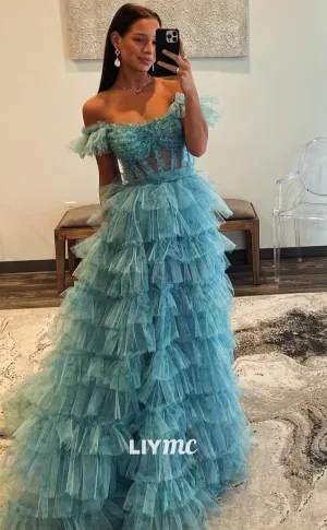 LP2052 - Off-Shoulder Strapless Sheer Tiered Tulle A-Line Ball Gown Prom Dress