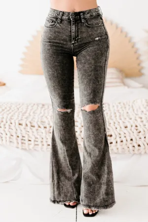 Megara Sneak Peek High Rise Frayed Hem Flare Jeans (Acid Black)