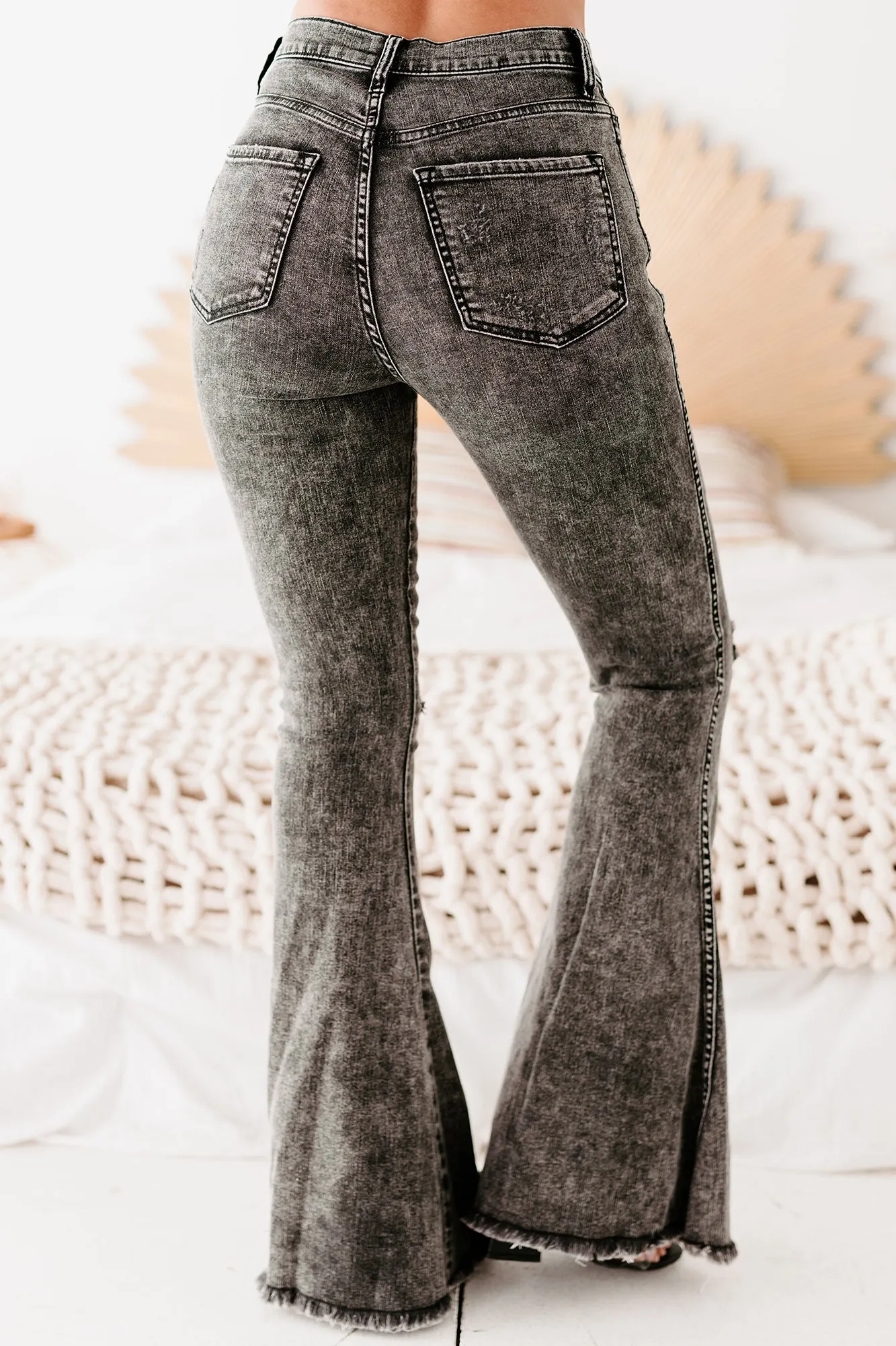 Megara Sneak Peek High Rise Frayed Hem Flare Jeans (Acid Black)