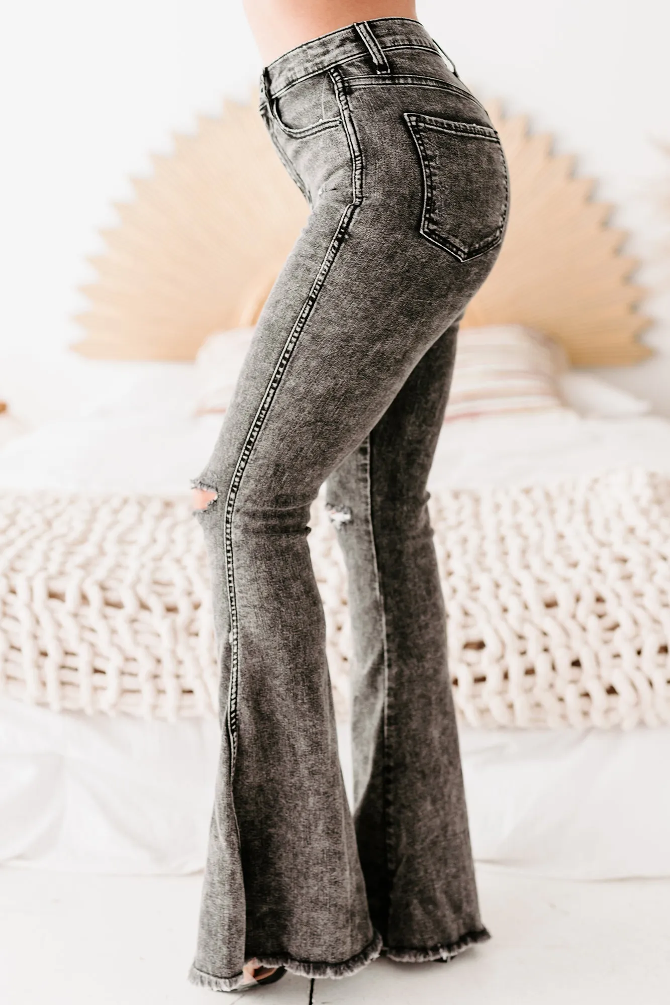 Megara Sneak Peek High Rise Frayed Hem Flare Jeans (Acid Black)