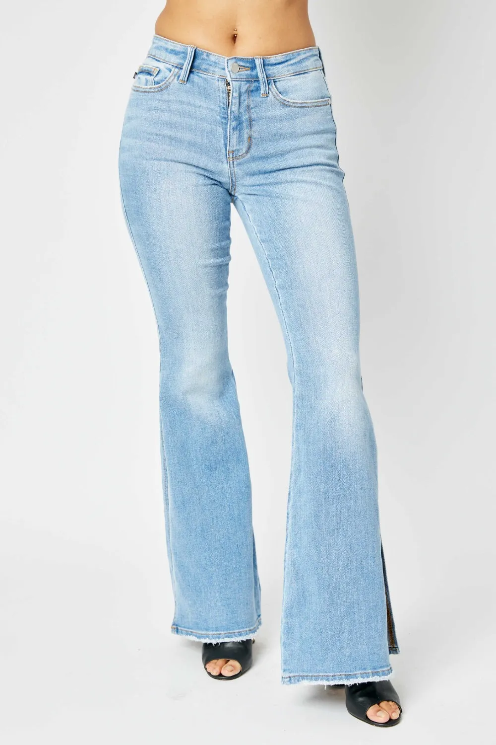 Mid Rise Raw Hem Slit Flare Jeans