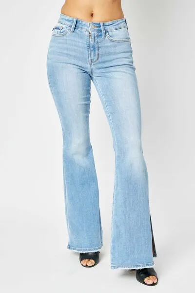 Mid Rise Raw Hem Slit Flare Jeans