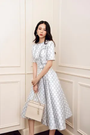 Midi dress is crafted from taffeta, with a round neck, puffy shoulders, middle sleeves- Gala