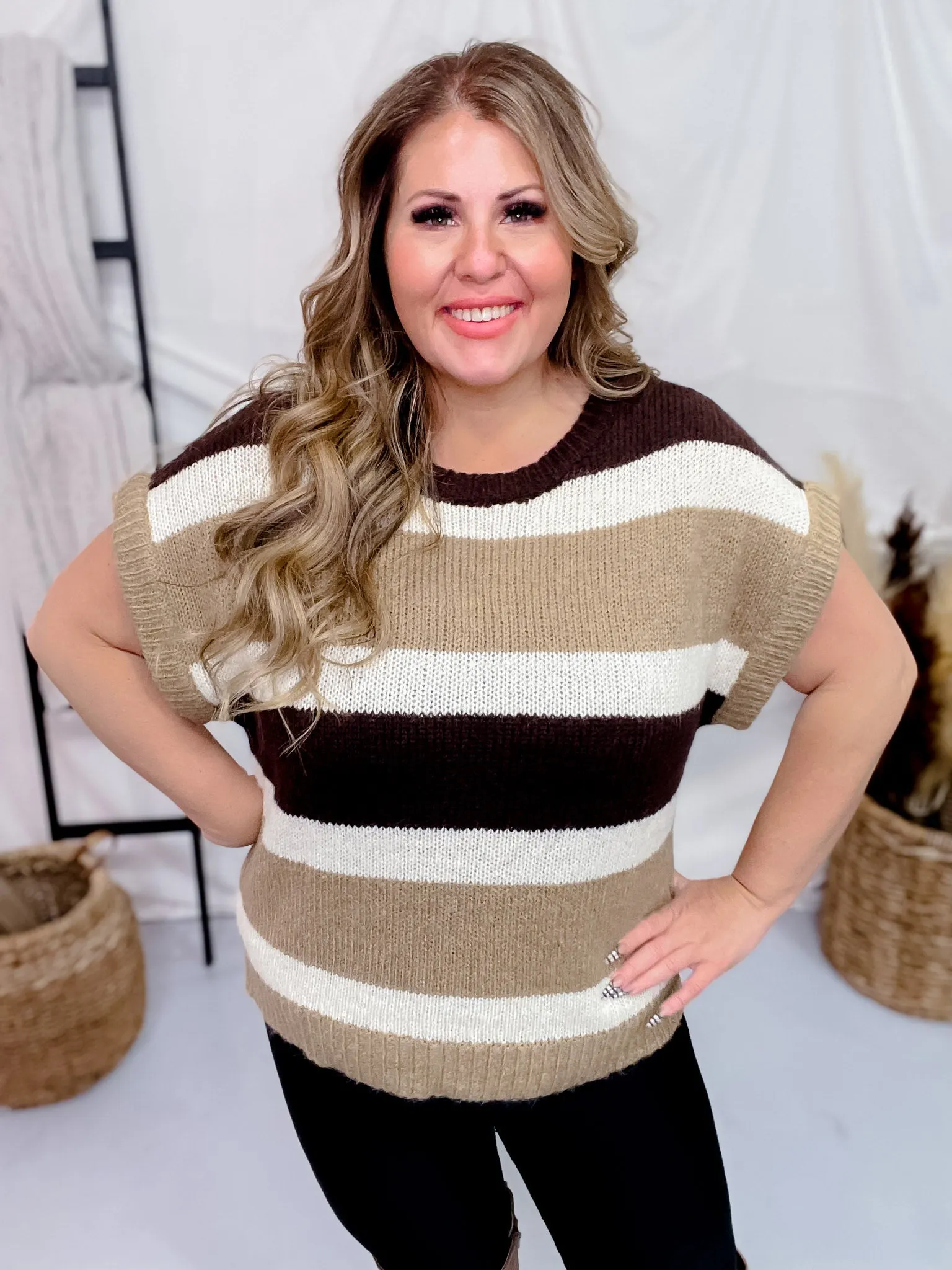 Multi Colored Brown Striped Pattern Knit Short Sleeve Sweater