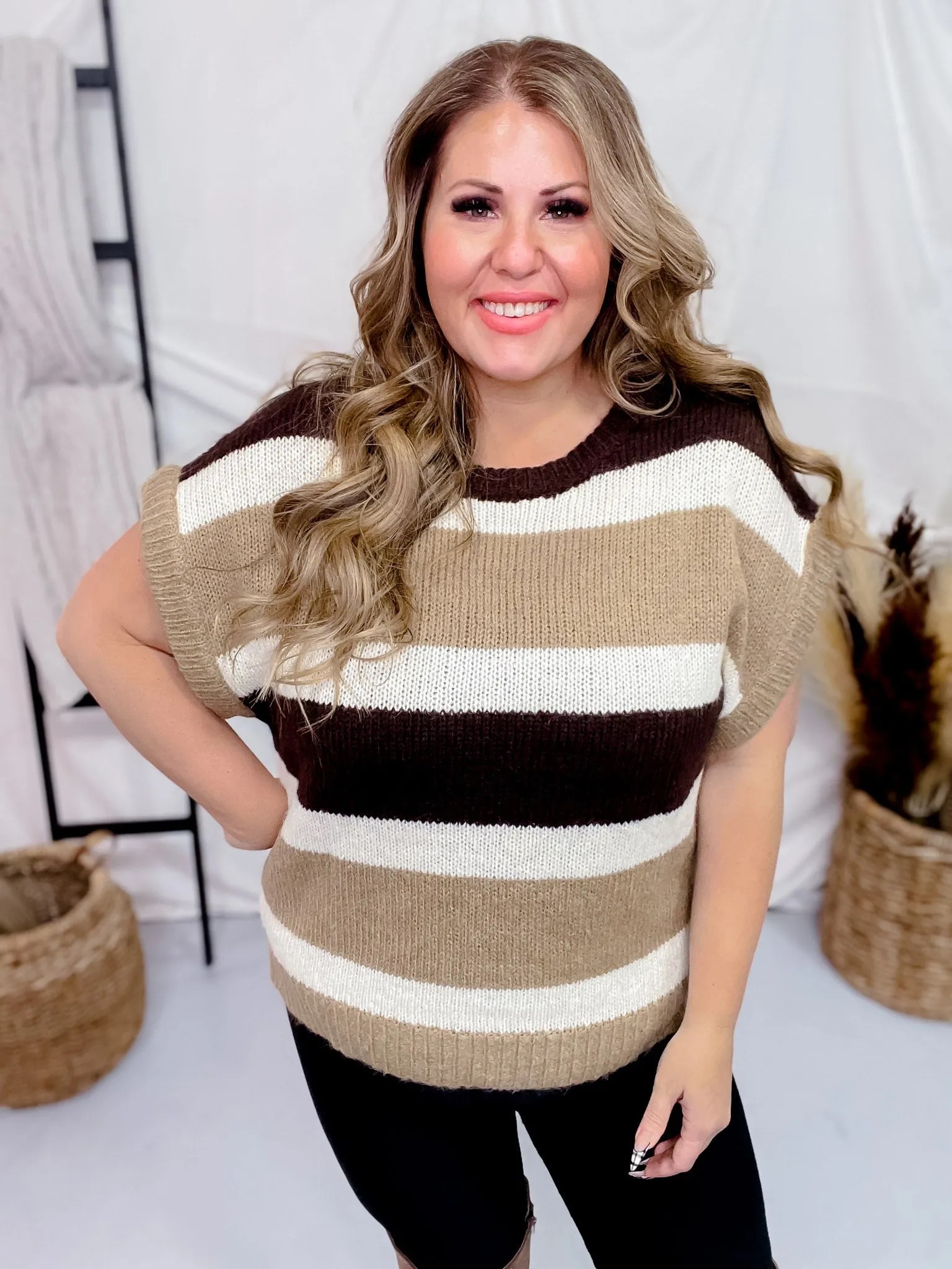 Multi Colored Brown Striped Pattern Knit Short Sleeve Sweater
