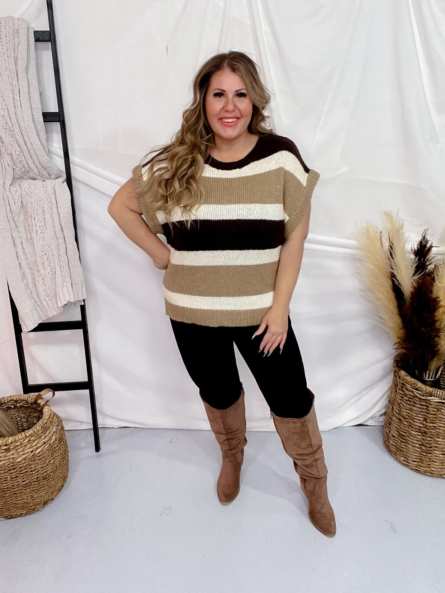 Multi Colored Brown Striped Pattern Knit Short Sleeve Sweater
