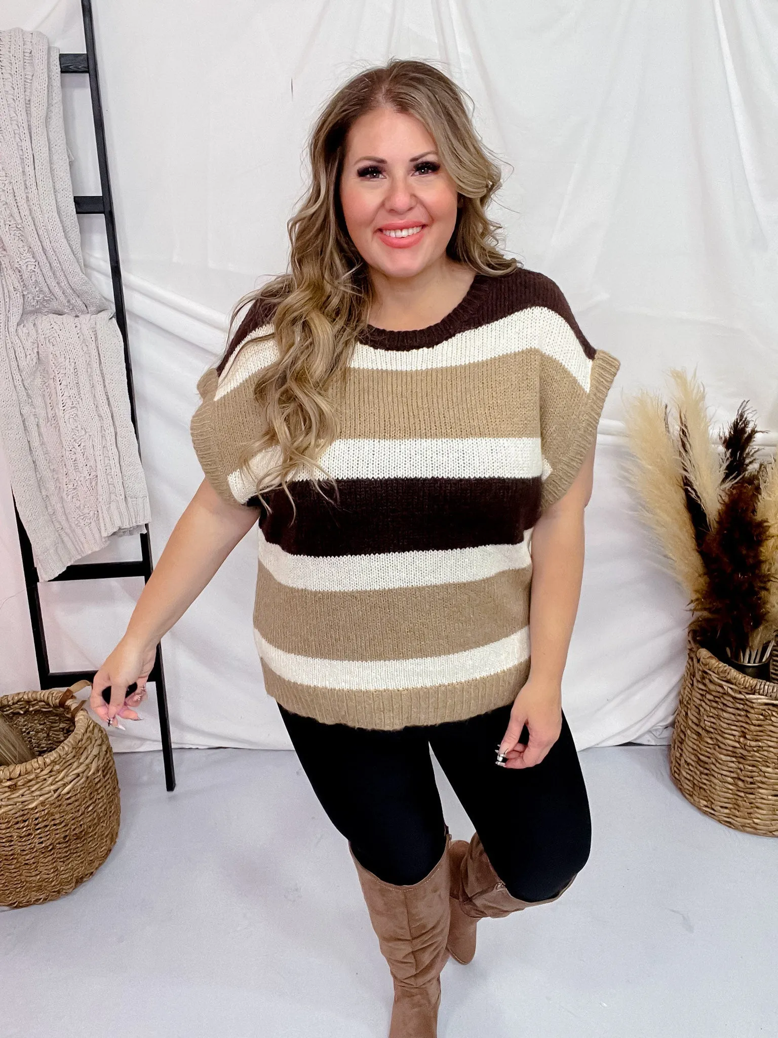 Multi Colored Brown Striped Pattern Knit Short Sleeve Sweater