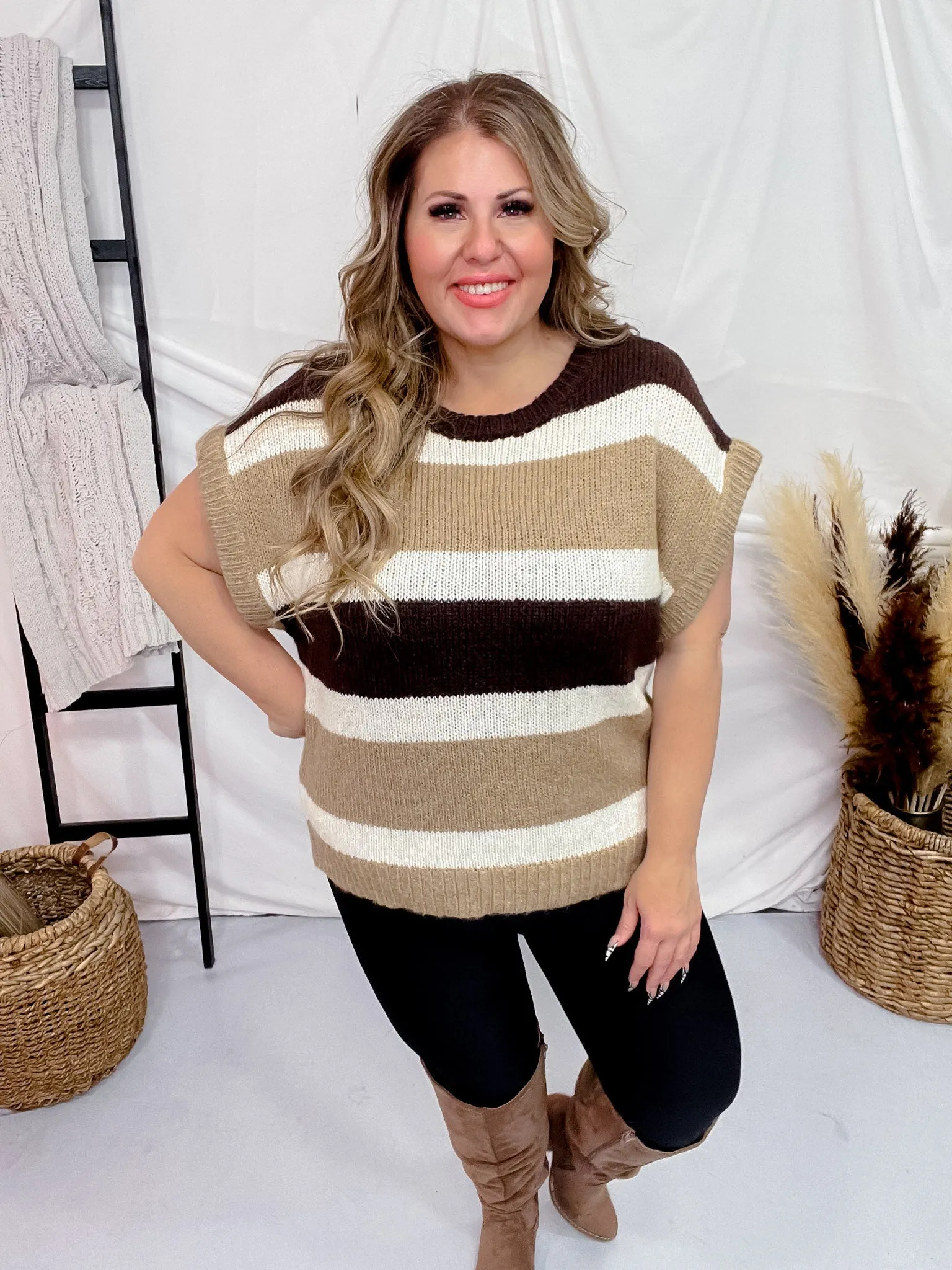 Multi Colored Brown Striped Pattern Knit Short Sleeve Sweater
