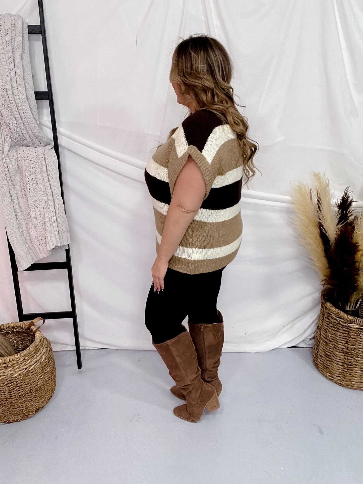 Multi Colored Brown Striped Pattern Knit Short Sleeve Sweater