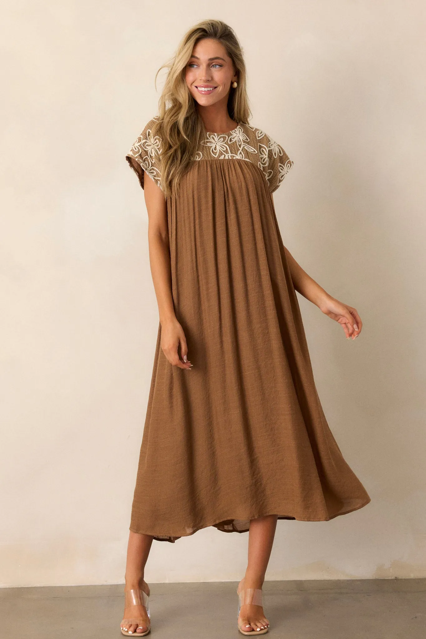 Muted Garden Tan Floral Midi Dress