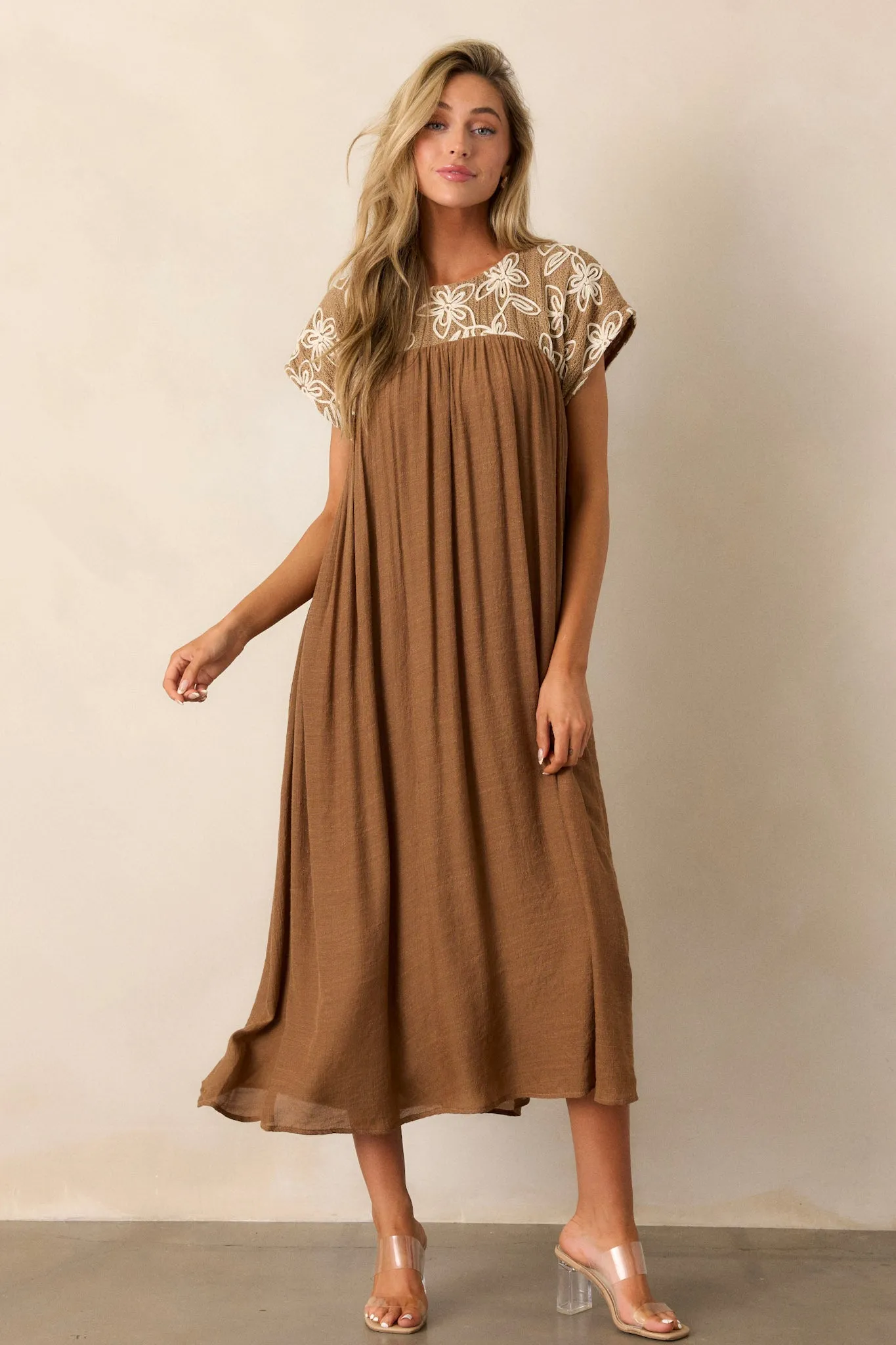 Muted Garden Tan Floral Midi Dress