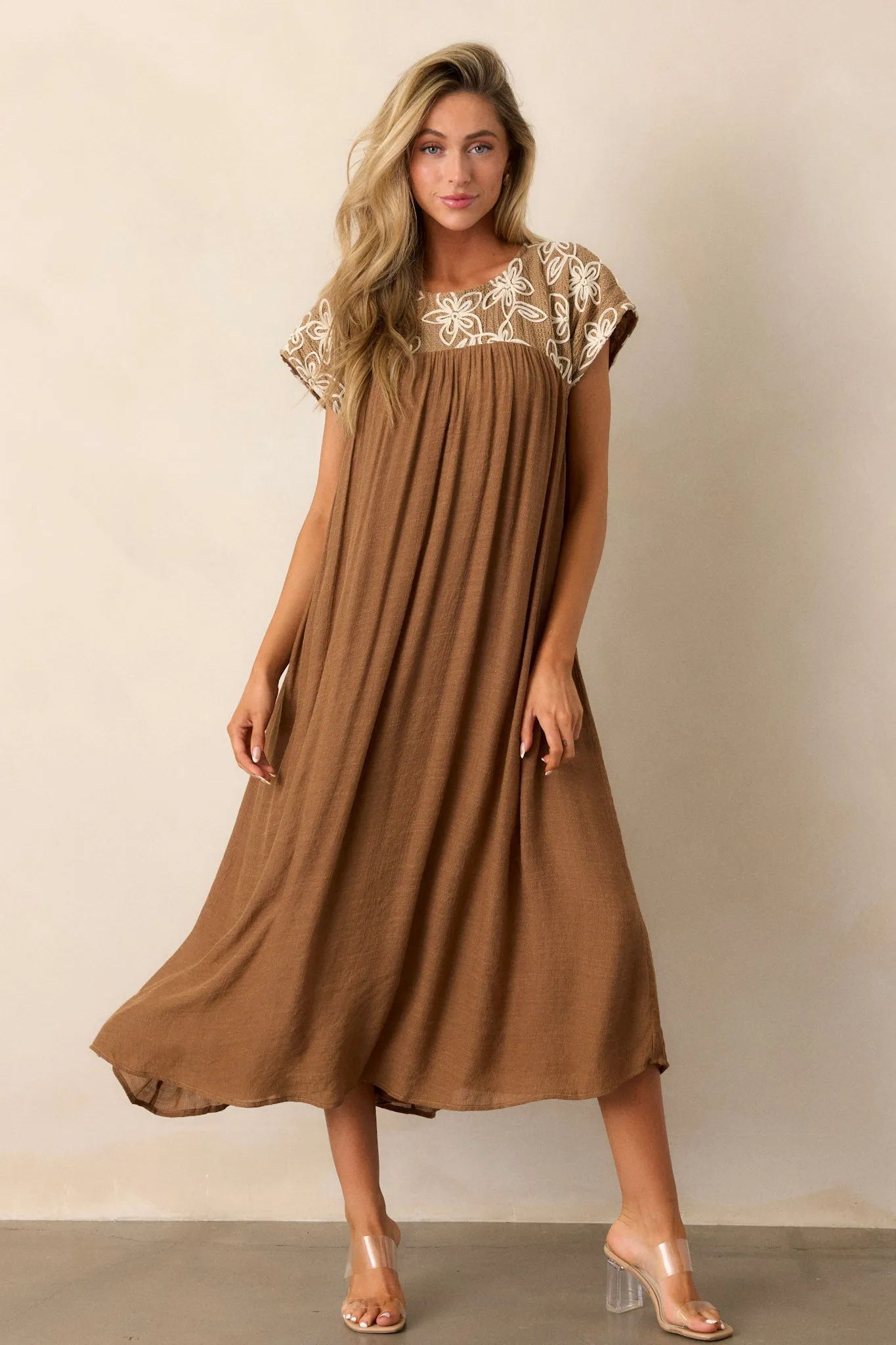 Muted Garden Tan Floral Midi Dress