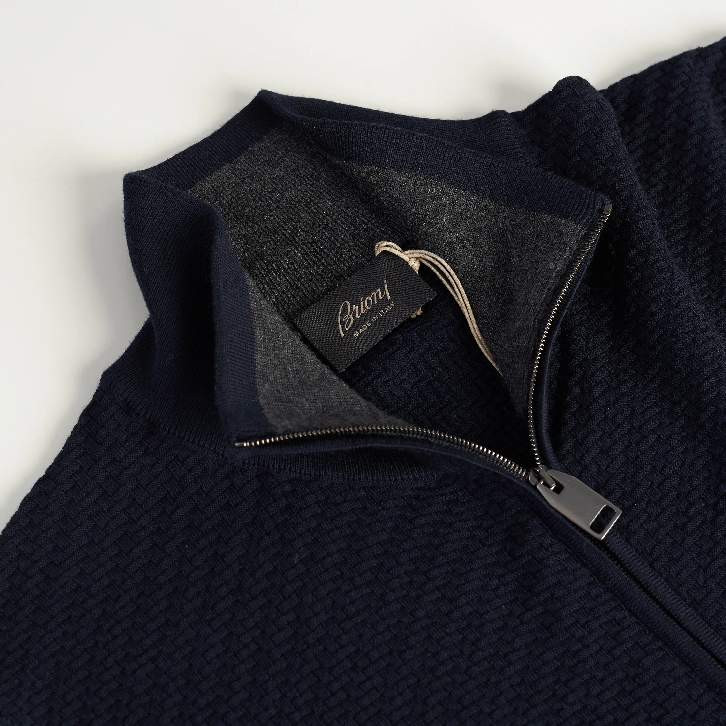 Navy Blue Full Zup Up Sweater - Regimental Knit Motif, Cashmere/Wool