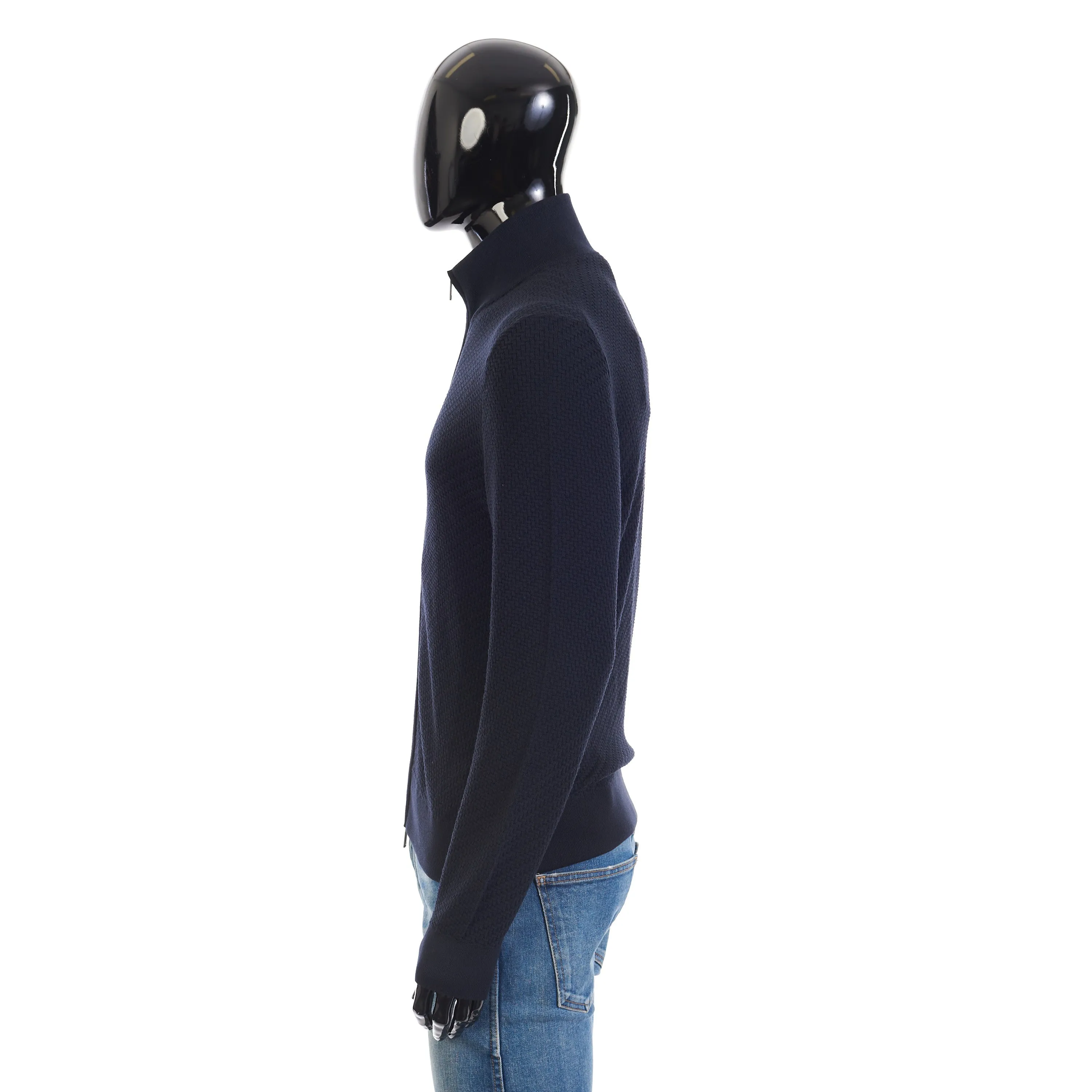 Navy Blue Full Zup Up Sweater - Regimental Knit Motif, Cashmere/Wool