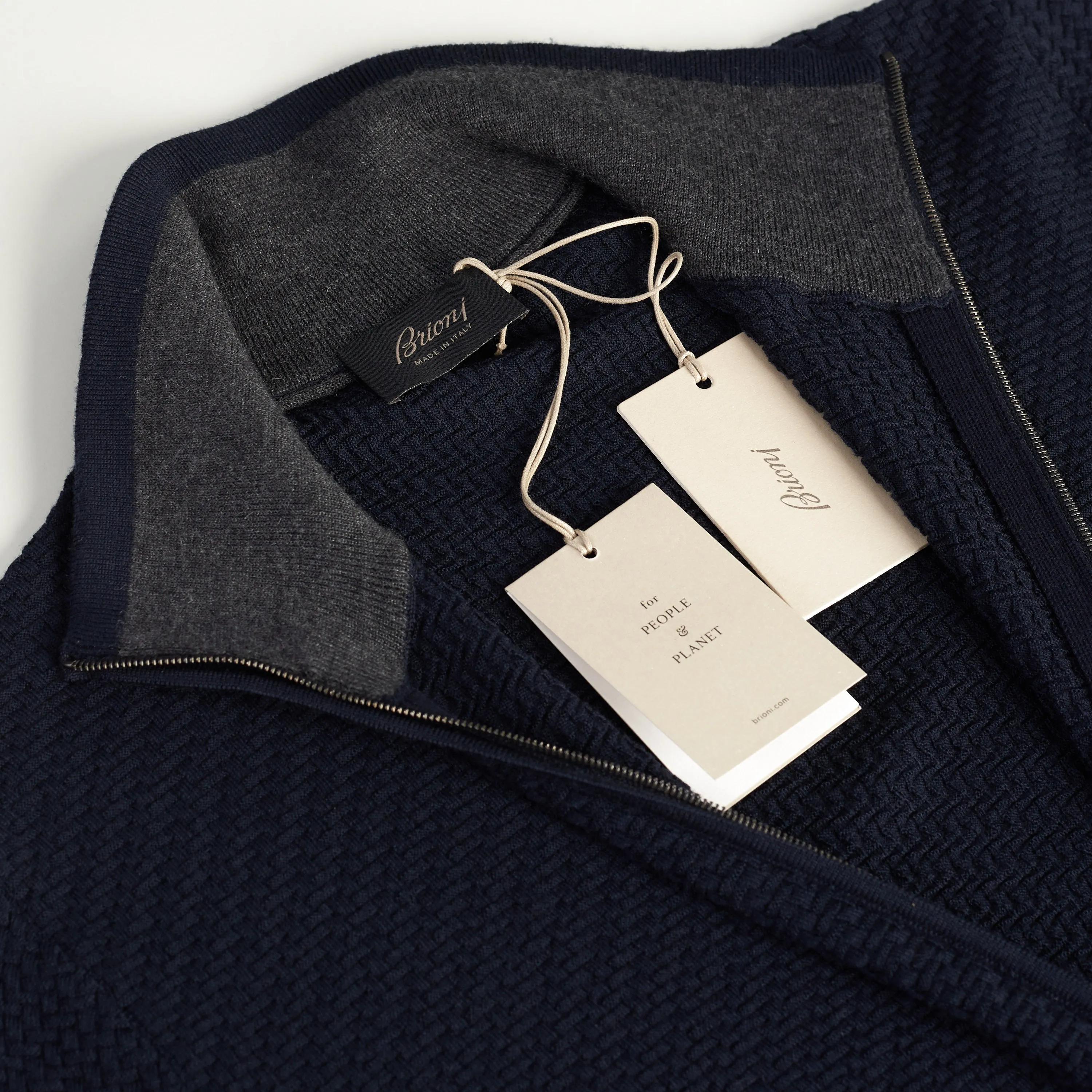 Navy Blue Full Zup Up Sweater - Regimental Knit Motif, Cashmere/Wool