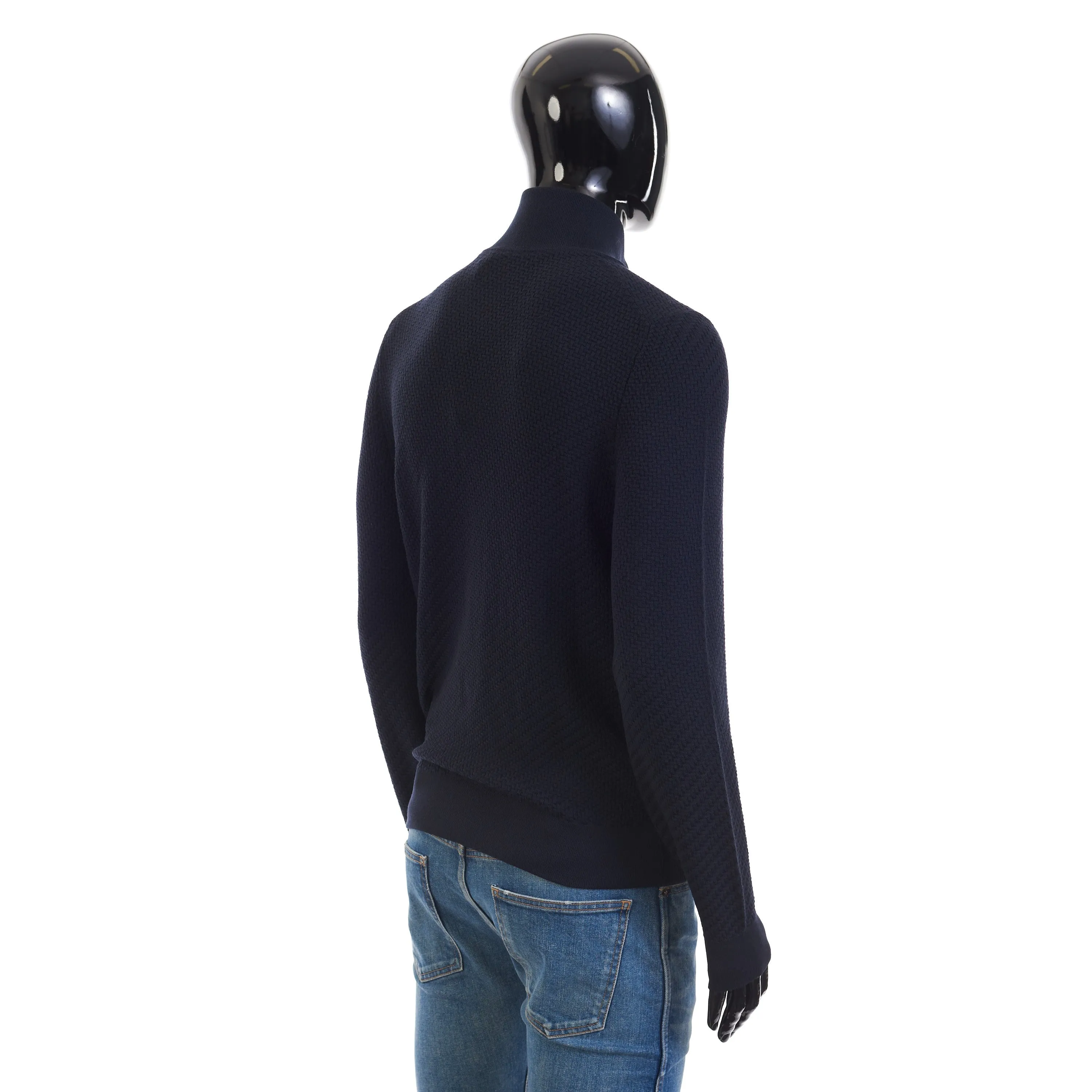 Navy Blue Full Zup Up Sweater - Regimental Knit Motif, Cashmere/Wool