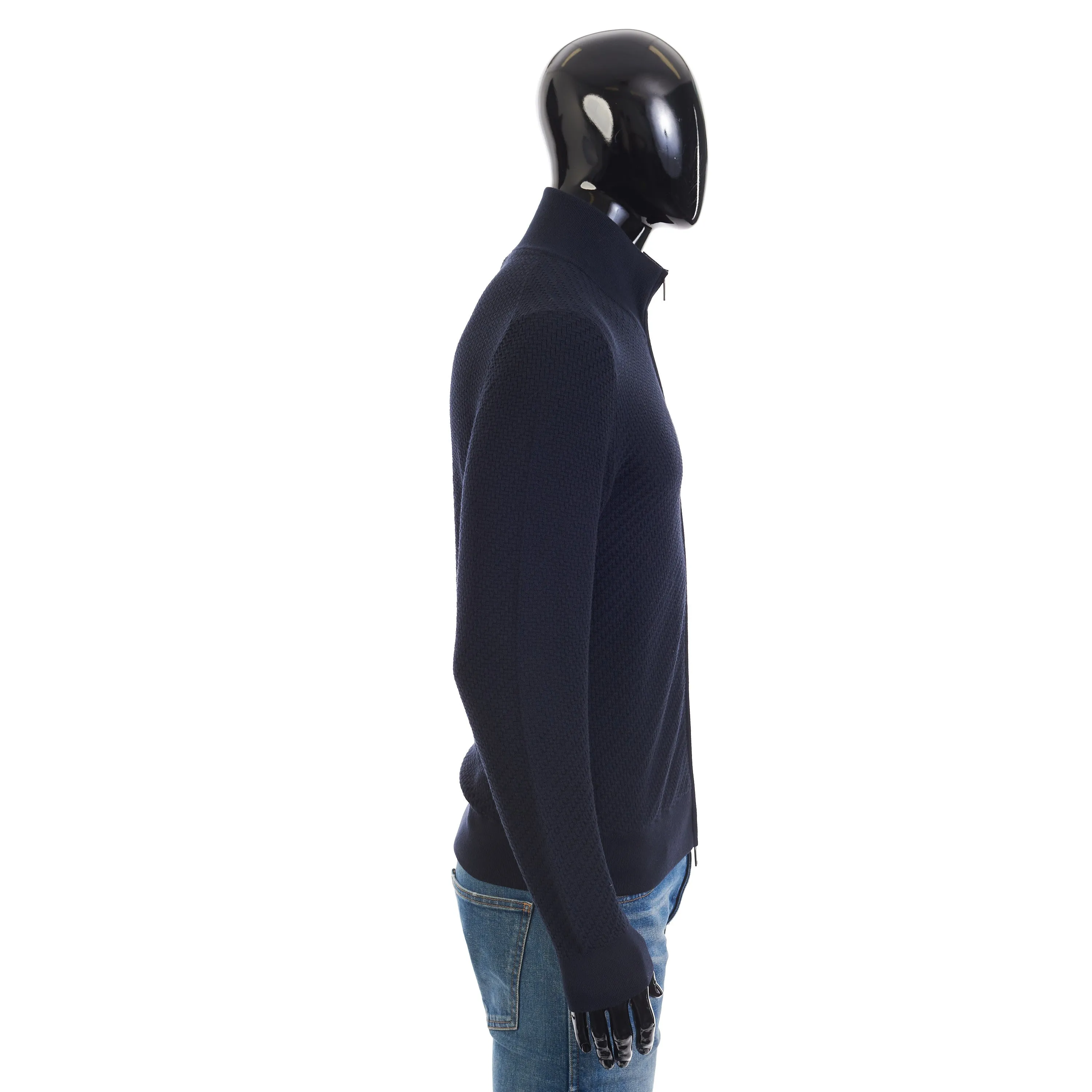 Navy Blue Full Zup Up Sweater - Regimental Knit Motif, Cashmere/Wool
