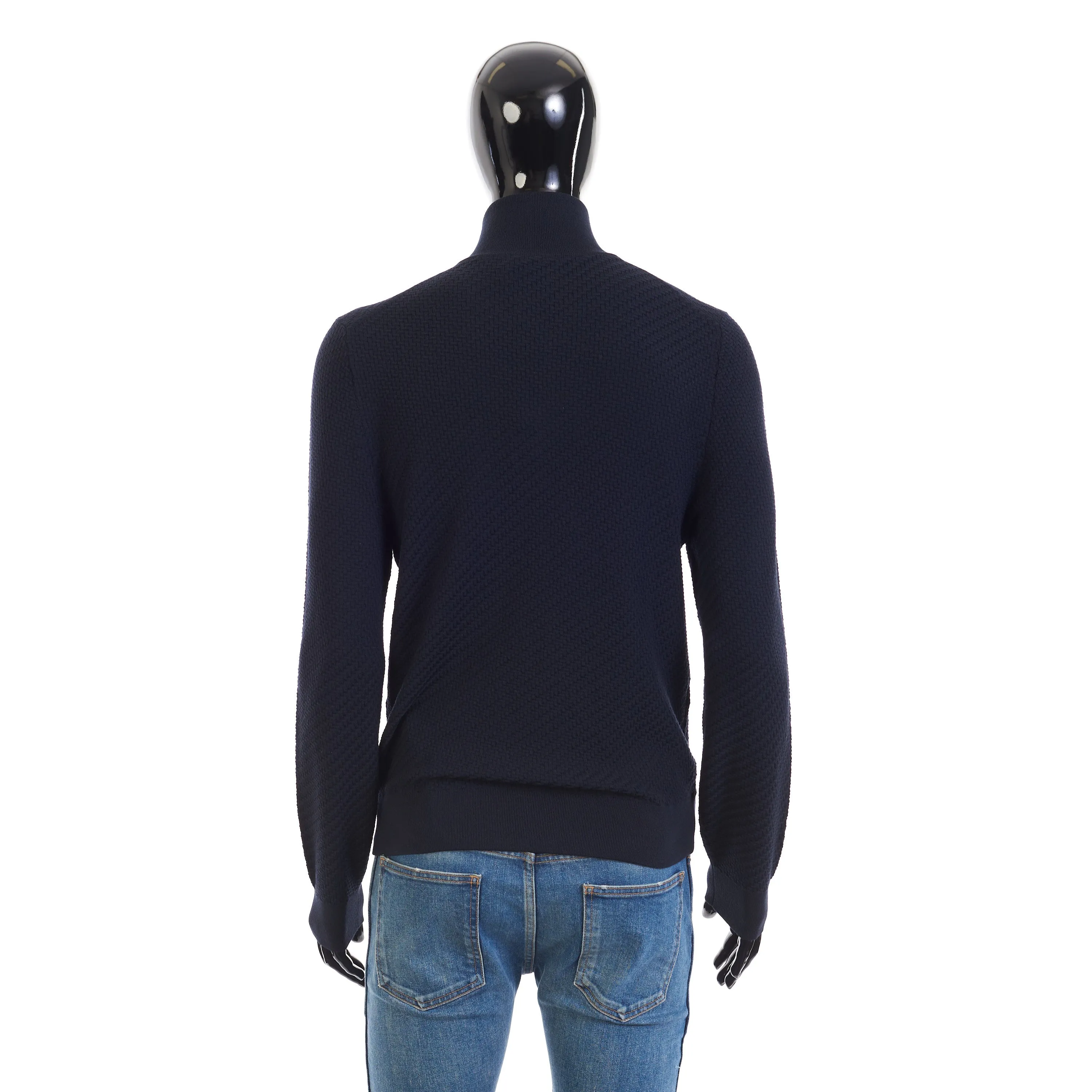 Navy Blue Full Zup Up Sweater - Regimental Knit Motif, Cashmere/Wool