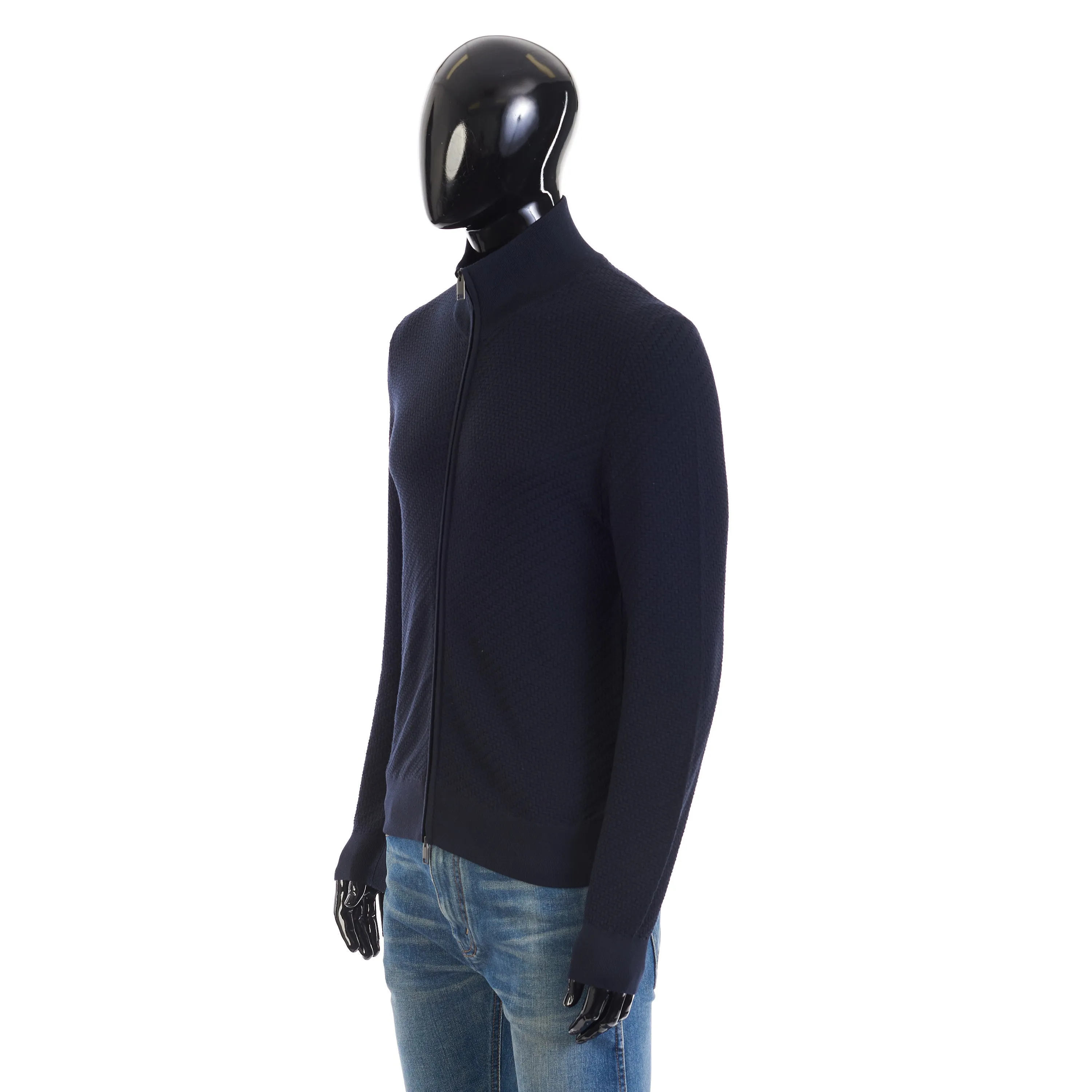 Navy Blue Full Zup Up Sweater - Regimental Knit Motif, Cashmere/Wool