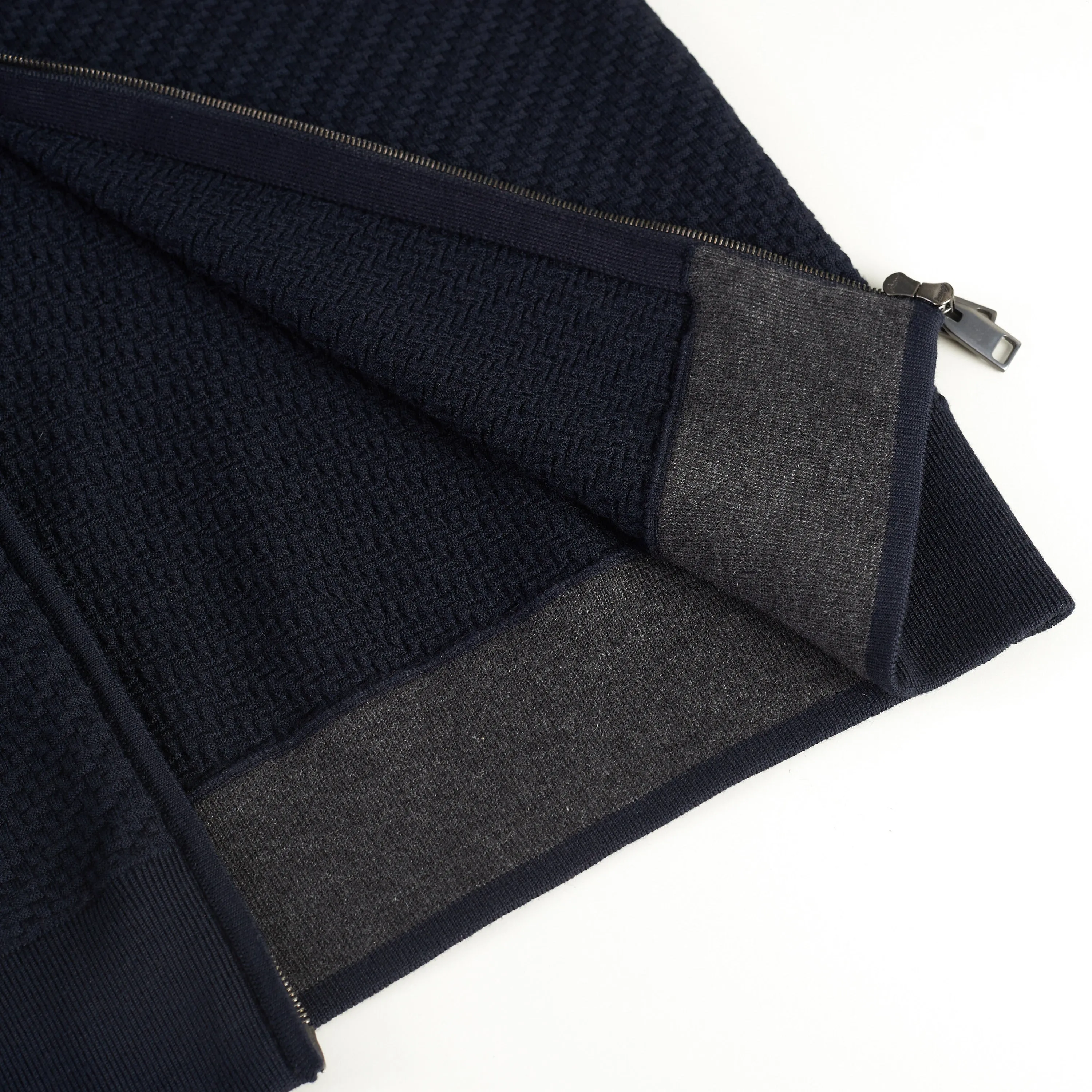 Navy Blue Full Zup Up Sweater - Regimental Knit Motif, Cashmere/Wool