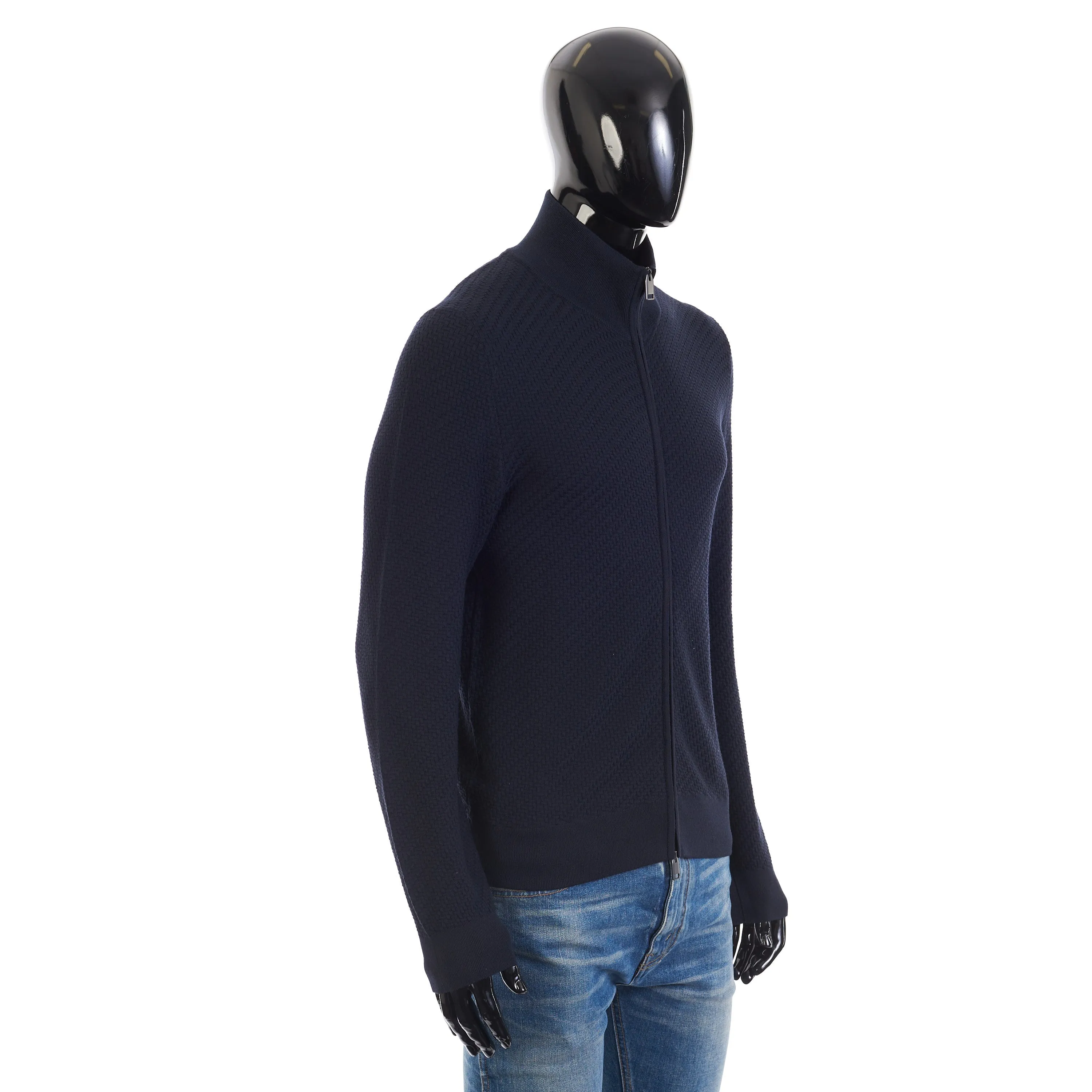Navy Blue Full Zup Up Sweater - Regimental Knit Motif, Cashmere/Wool