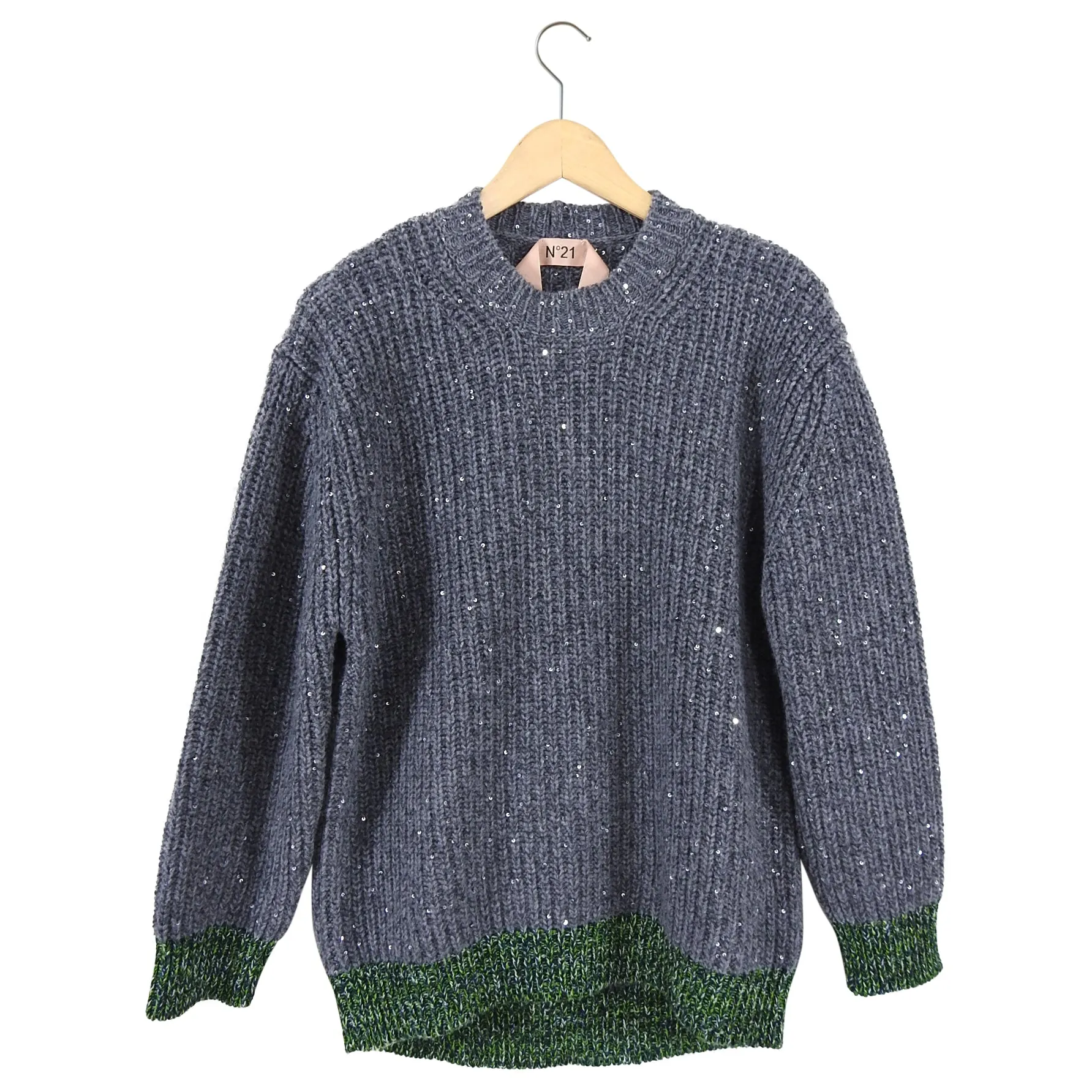 No 21 Grey Chunky Knit Sweater with Green Hem - S