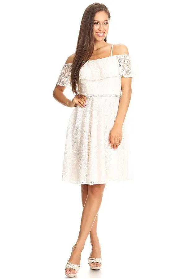 Off Shoulder Short Lace Flounce Dress by Celavie 6317