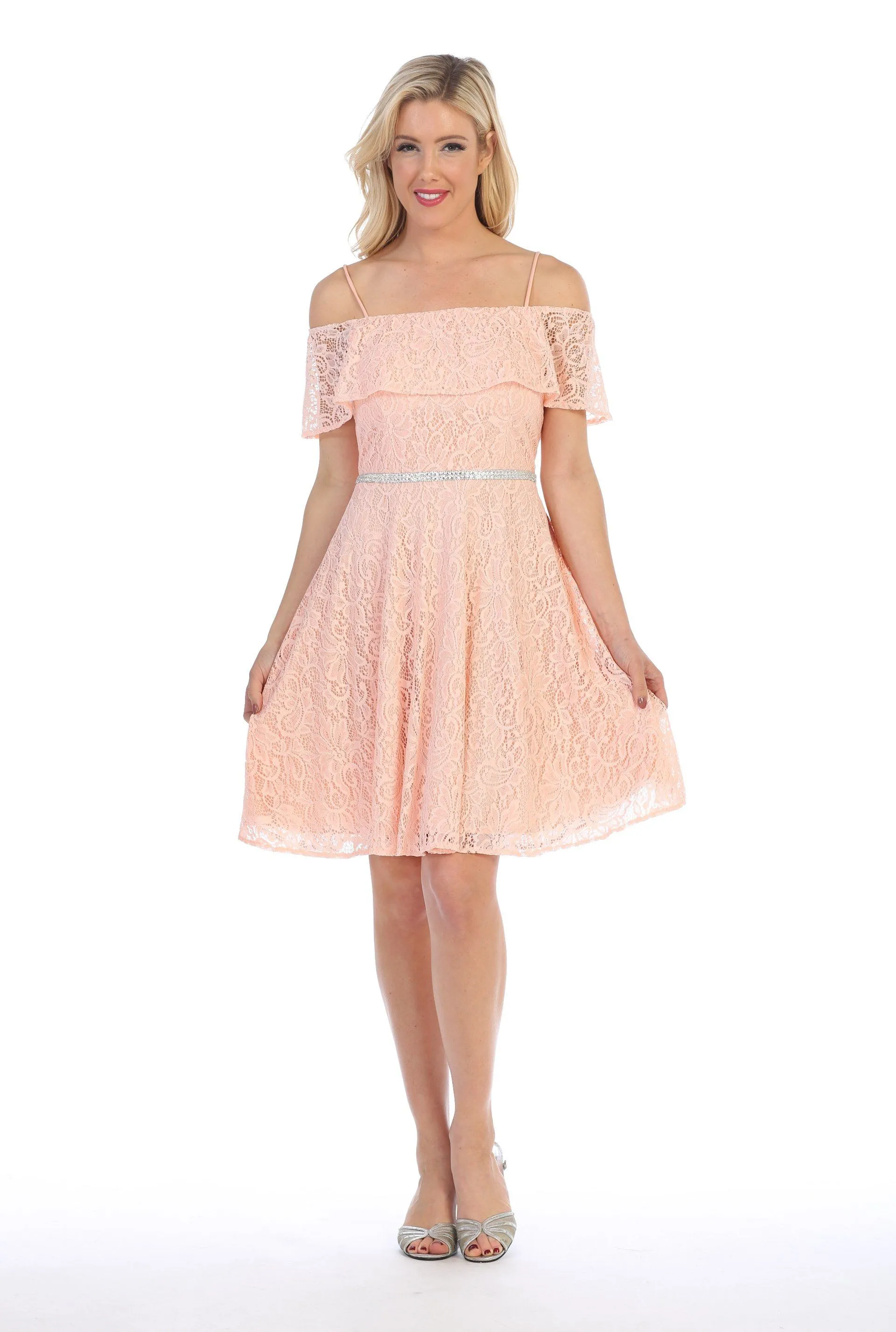 Off Shoulder Short Lace Flounce Dress by Celavie 6317